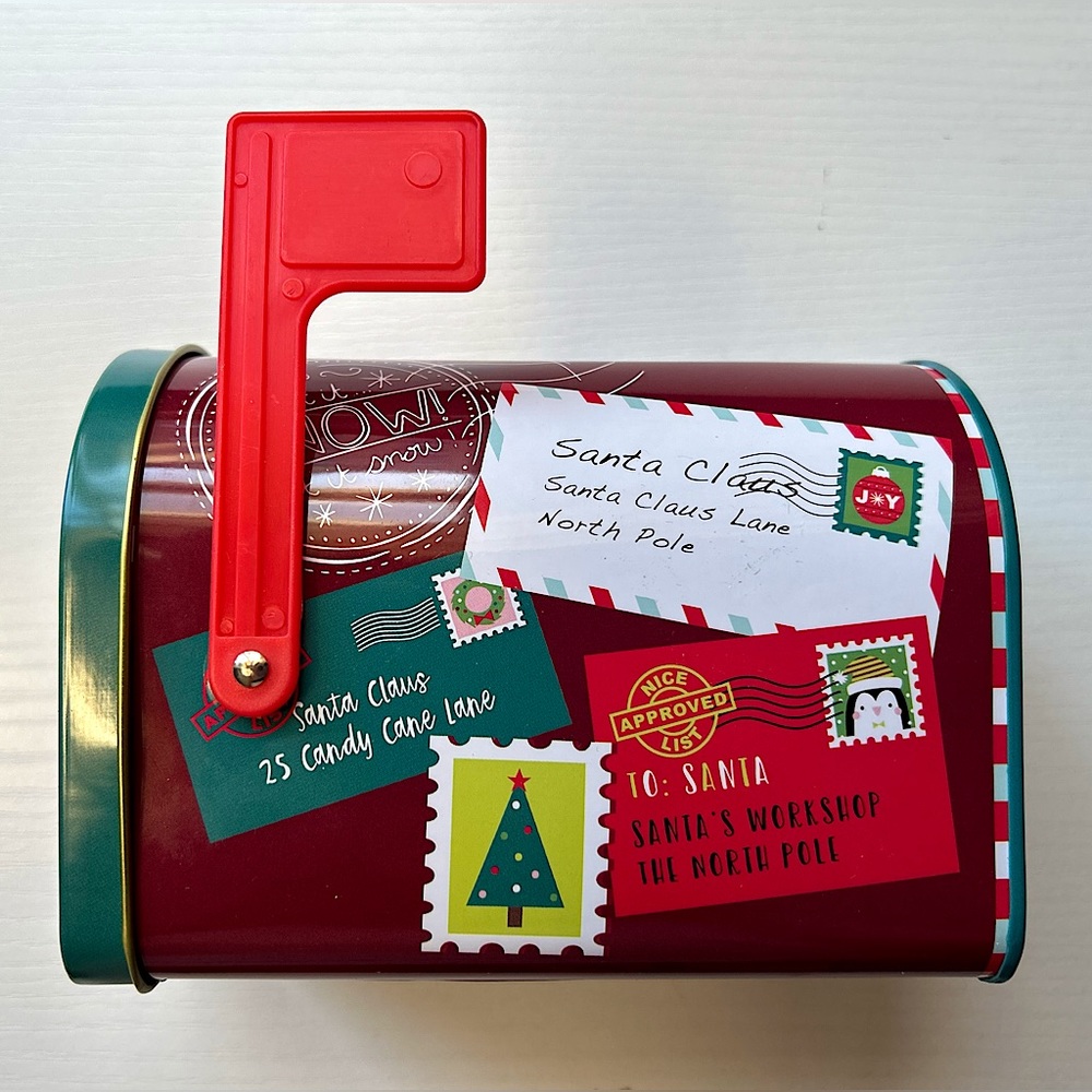 Holiday tin mailbox container